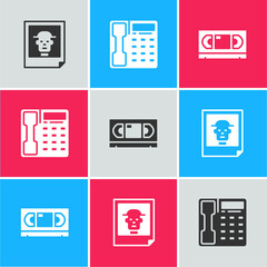 Set Photo, Telephone handset and VHS video cassette tape icon. Vector