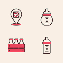 Set Baby milk in a bottle, Cheese, and Bottled wooden box icon. Vector