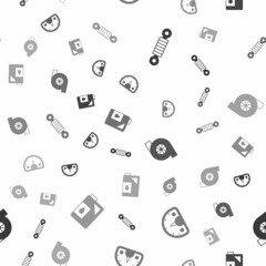 Set Shock absorber, Speedometer, Automotive turbocharger and Canister for motor oil on seamless pattern. Vector