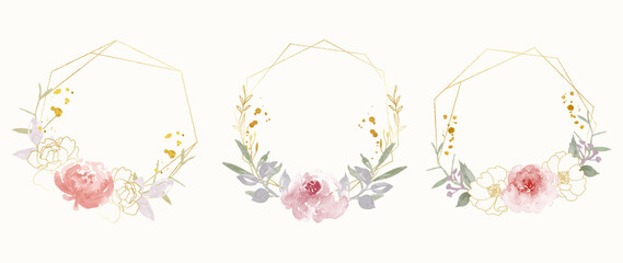 Abstract watercolor floral frame background vector.  Watercolor invitation design with leaves, flower , gold geometric frame and watercolor brush strokes. Vector illustration.