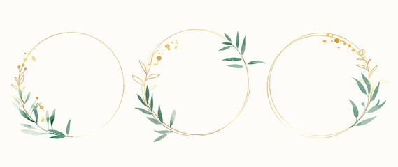 Abstract watercolor floral frame background vector.  Watercolor invitation design with leaves, flower , gold geometric frame and watercolor brush strokes. Vector illustration.