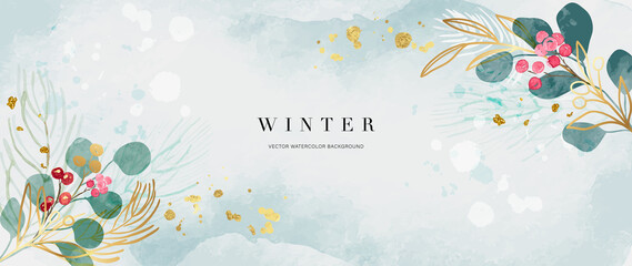 Winter background vector. Hand painted watercolor and gold brush texture, Flower and botanical leaves hand drawing. Abstract art design for wallpaper, wall arts, cover, wedding and  invite card.  