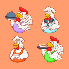 Set of  cartoon chicken chef vector icon illustration