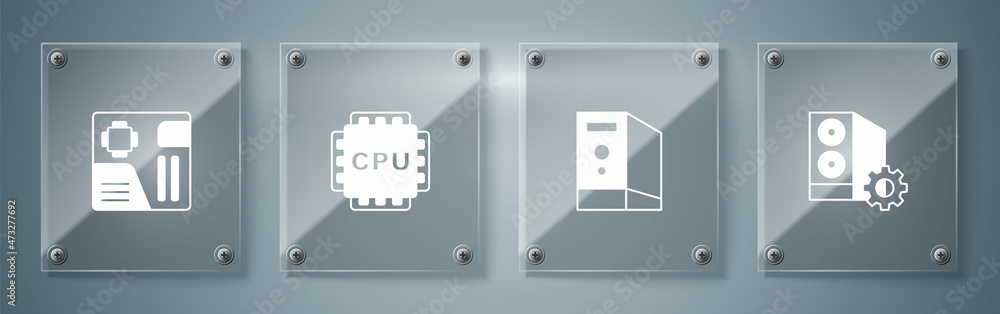 Aufkleber set case of computer, , processor with cpu and motherboard digital chip. square glass panels. vector