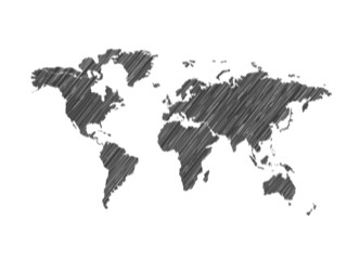 Scribble Lines Textured World Map, Hand Drawn Style Illustration, Map Isolated.