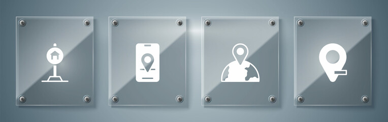 Set Location, the globe, City map navigation and Hotel sign for traffic. Square glass panels. Vector