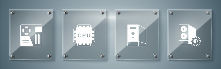 Set Case of computer, , Processor with CPU and Motherboard digital chip. Square glass panels. Vector
