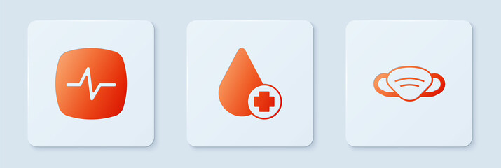Set Donate drop blood, Heart rate and Medical protective mask. White square button. Vector