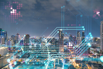 Obraz na płótnie Canvas Information flow hologram, night panorama city view of Bangkok. The largest technological center in Southeast Asia. The concept of programming science. Double exposure.