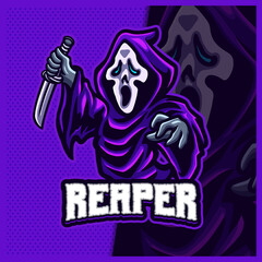 Killers Hood Reaper glow blue color esport and sport mascot logo design with modern illustration concept for team, badge, jersey and t-shirt printing. Grim Killers illustration on isolated background