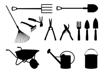 Vector isolated collection of silhouettes of gardening tools