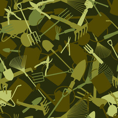 Seamless camouflage texture with silhouettes of various gardening tools. Dark-green and light-green spots have shape of shovels, forks, wheelbarrows, watering cans and other agricultural equipment
