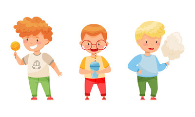 Children with sweet food set. Kids eating cotton candy, lollipop and drinking soda drink cartoon vector illustration
