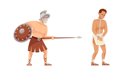 Ancient roman gladiator with sword and slave set cartoon vector illustration - obrazy, fototapety, plakaty