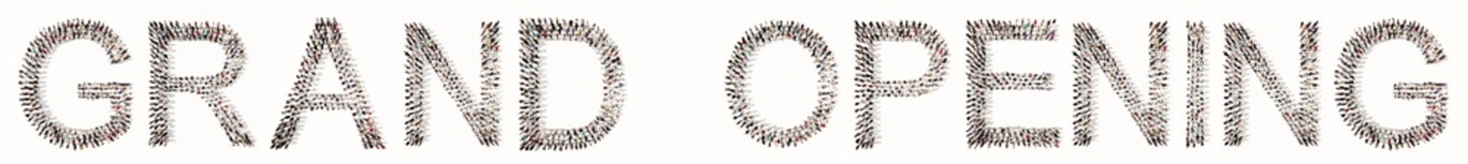 Concept or  conceptual large community of people forming  GRAND OPENING message. 3d illustration metaphor for ceremony, business, marketing, start up, announcement, celebration, party and holiday