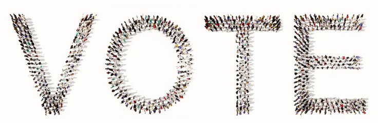 Concept  or conceptual large community of people forming  VOTE word. 3d illustration metaphor for voting, duty, right, patriotism, election, citizen's choice, democracy, national or local