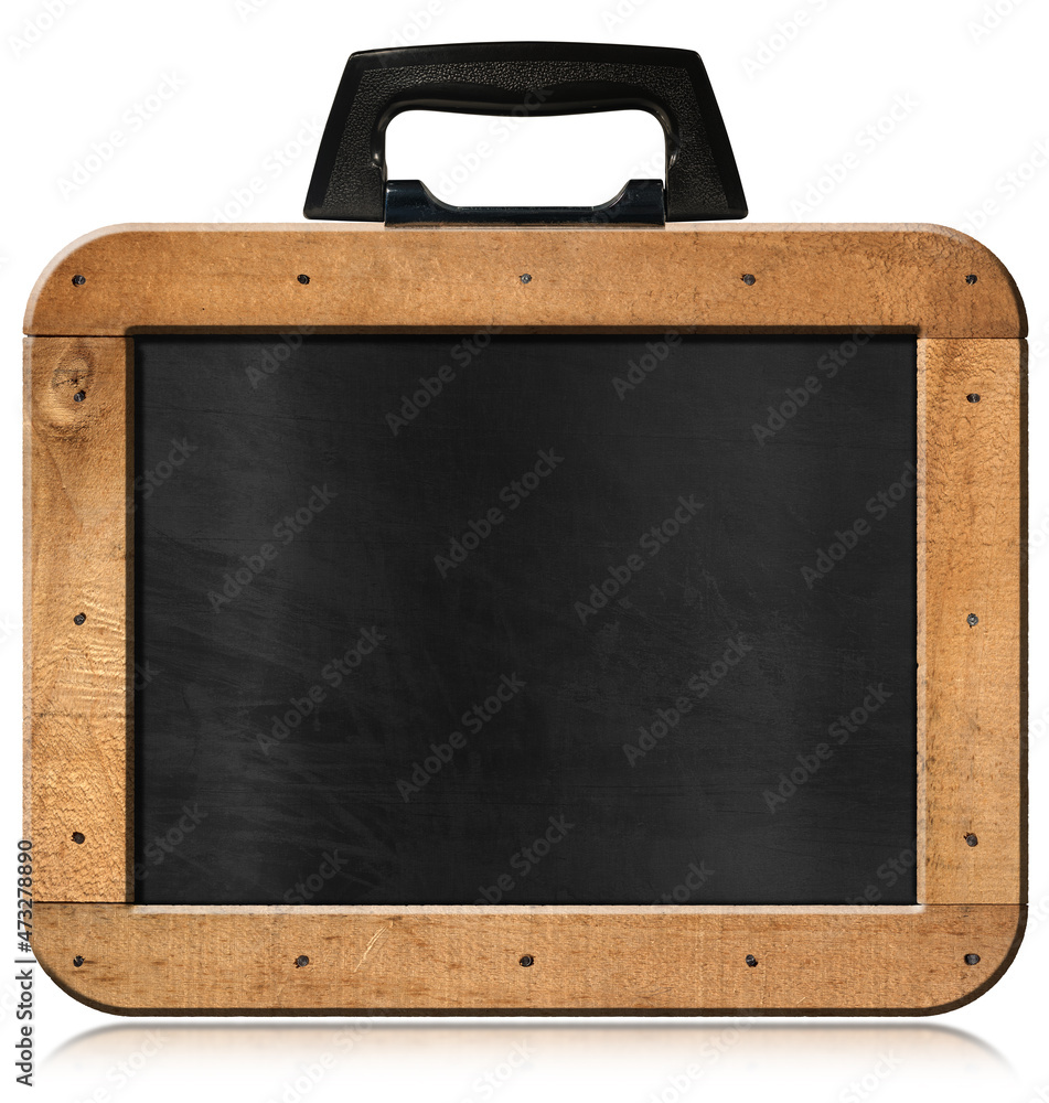 Poster Old blank blackboard with wooden rectangular frame and nails in the shape of a briefcase with black handle, isolated on white background with copy space.
