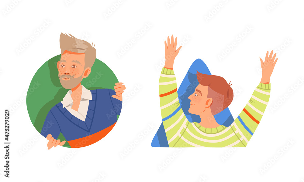 Poster people looking out from windows set. man peeking out from circular and triangular frames and gesturi