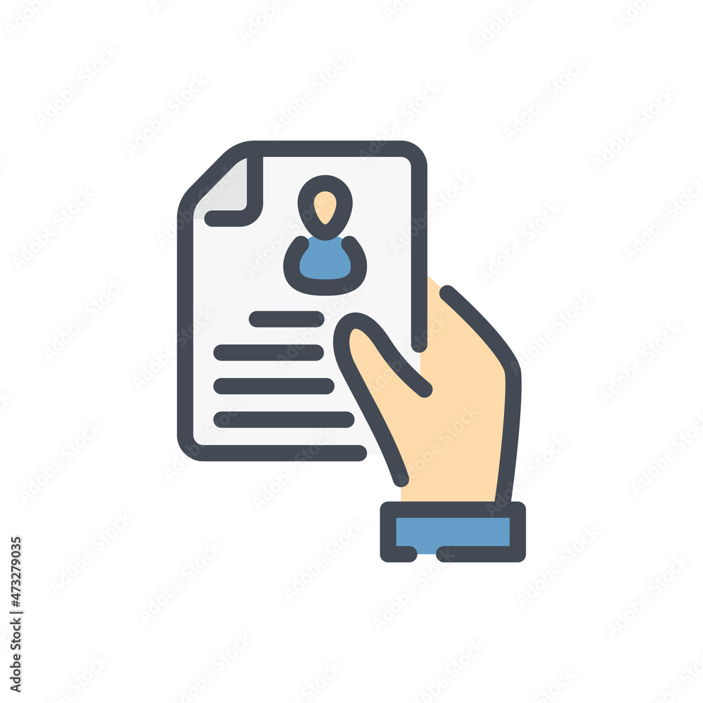 Poster candidate and resume color line icon. hand holding document with person on it vector outline colorfu