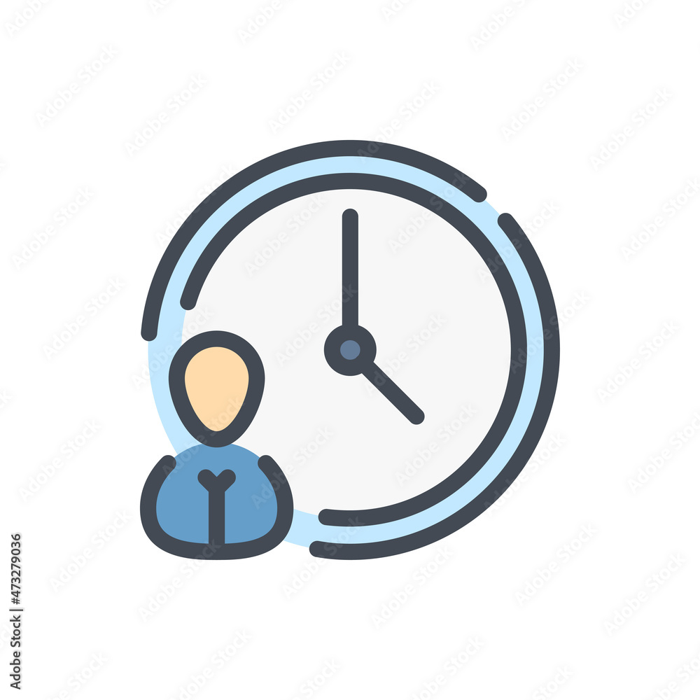 Poster work time and labor hours color line icon. clock with person vector outline colorful sign.