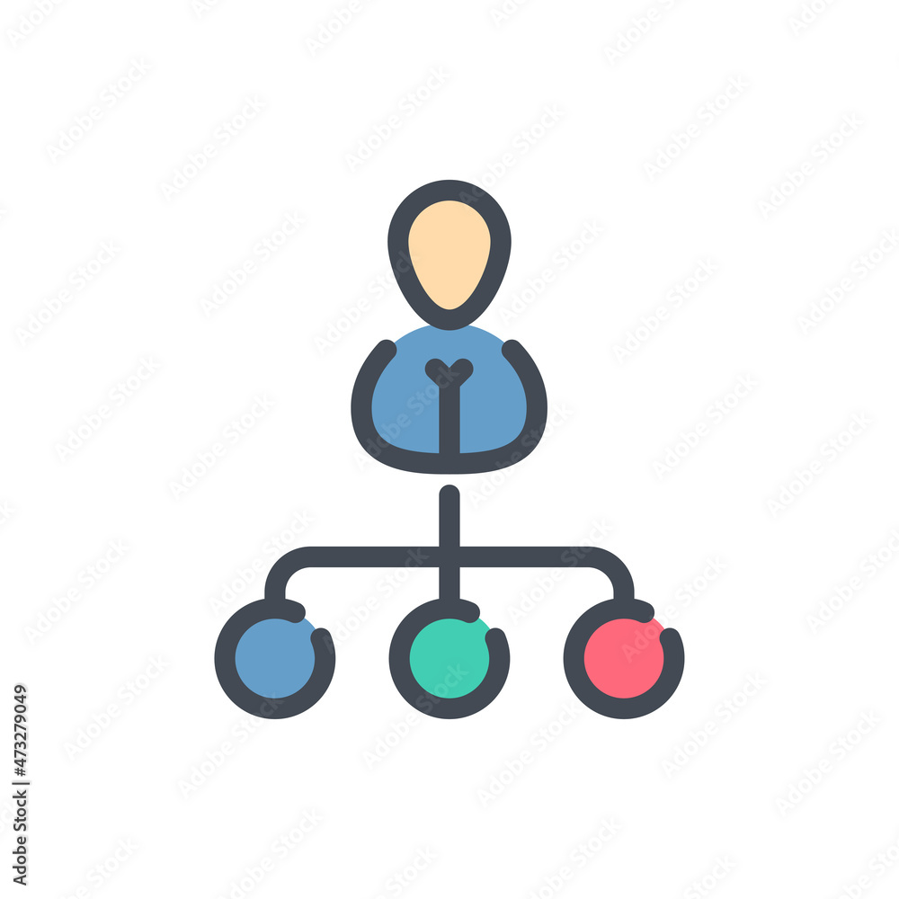 Poster organization, personnel management and hierarchy color line icon. person with connection to three ci
