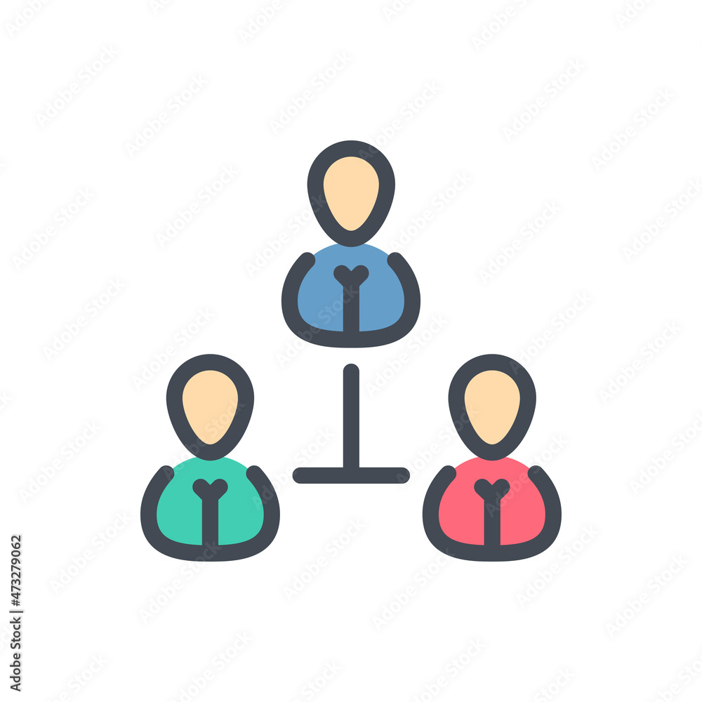 Poster social network and company hierarchy color line icon. three persons with connection vector outline c