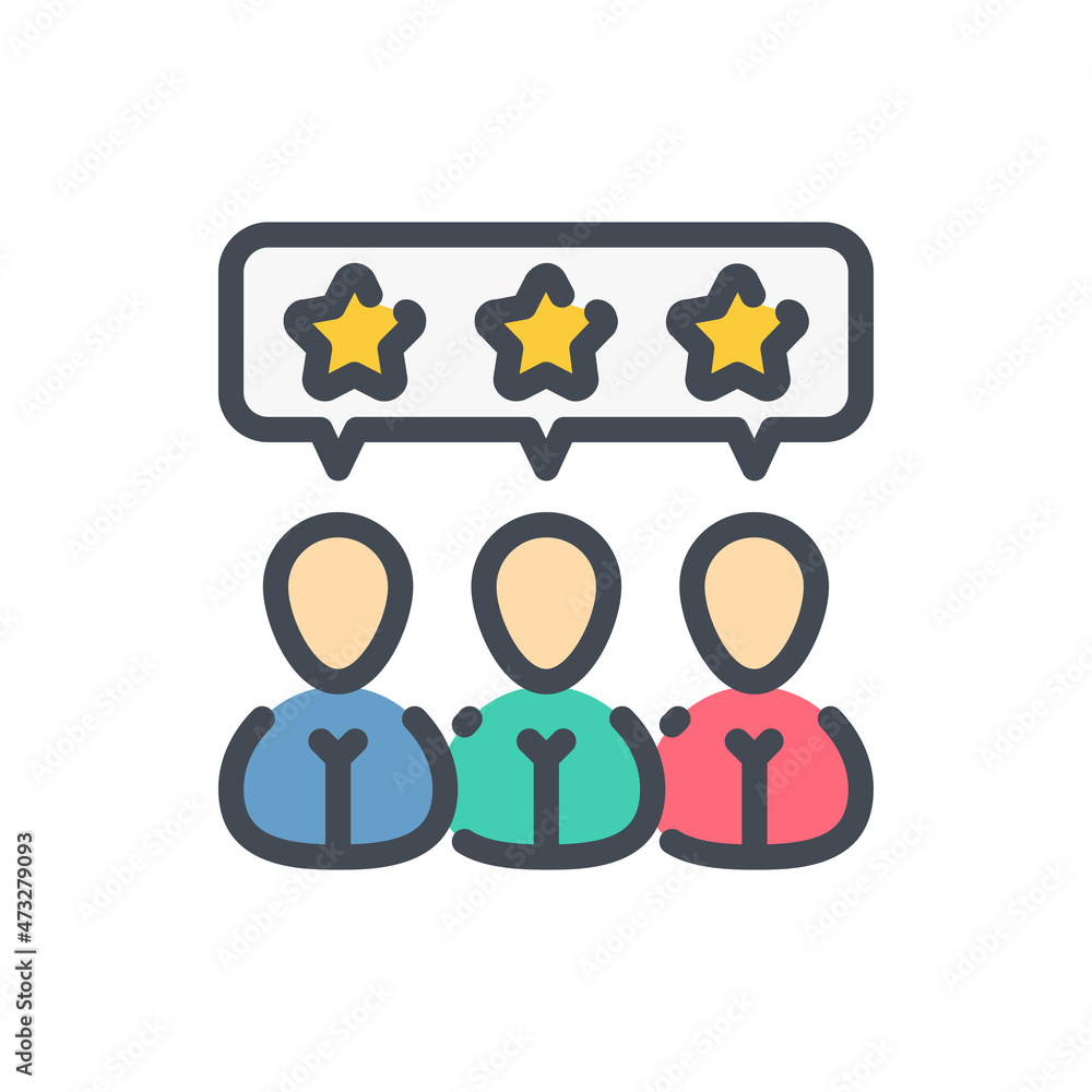 Poster customer satisfaction and client feedback color line icon. three persons with chat box and stars vec