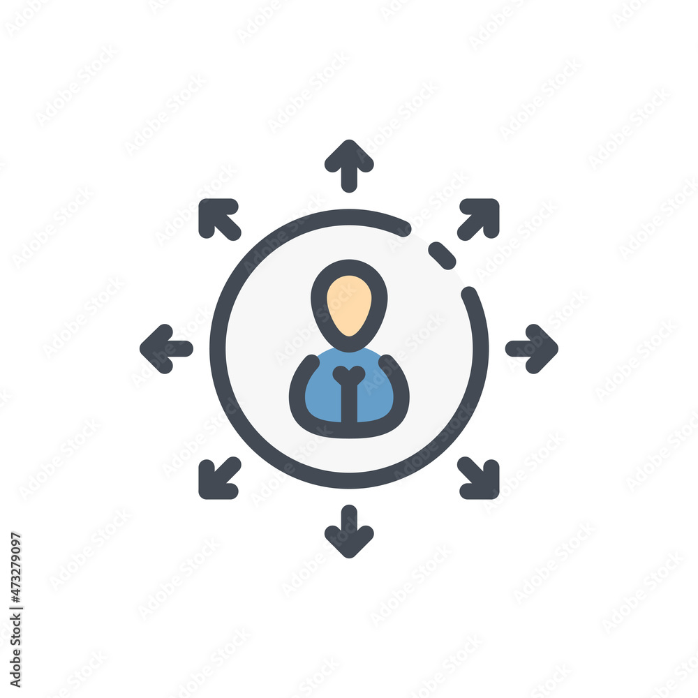 Poster multifunctionality and versatility color line icon. person in circle with arrows pointing outward ve