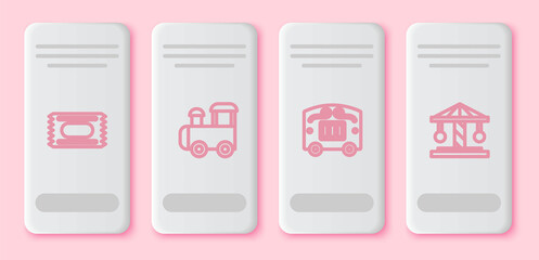 Set line Circus ticket, Toy train, wagon and Attraction carousel. White rectangle button. Vector