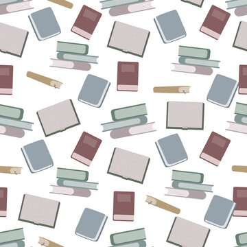 Doodle books background. Seamless pattern stacks and piles of different books, magazines and notebooks. Different books from library