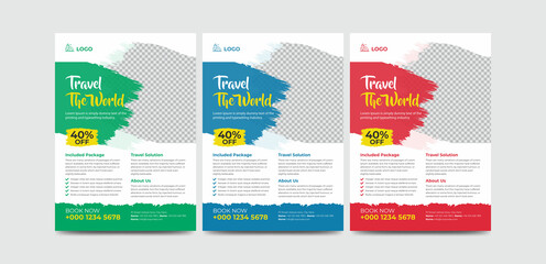 Modern travel flyer or poster design template. Editable tour poster template with brush stroke