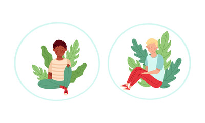 People sitting on the grass set. Teenage boys relaxing on nature cartoon vector illustration