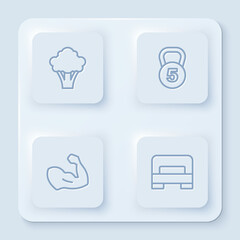 Fototapeta premium Set line Broccoli, Weight, Bodybuilder muscle and Big bed. White square button. Vector