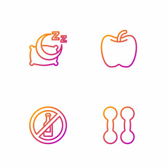 Set line Dumbbell, No alcohol, Time to sleep and Apple. Gradient color icons. Vector