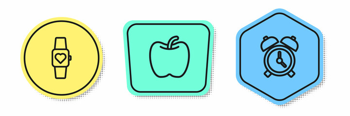 Set line Smart watch, Apple and Alarm clock. Colored shapes. Vector