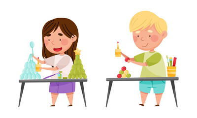 Cute little boy and girl making crafts. Children creativity and imagination development cartoon vector illustration