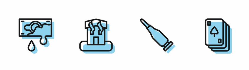 Set line Bullet, Bloody money, Arson home and Playing cards icon. Vector
