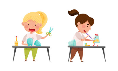 Cute little kids making crafts. Girls cutting and making applique. Children creativity and imagination development cartoon vector illustration