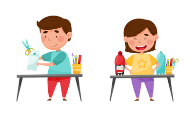 Happy little boy and girl making crafts set. Children creativity and imagination development cartoon vector illustration