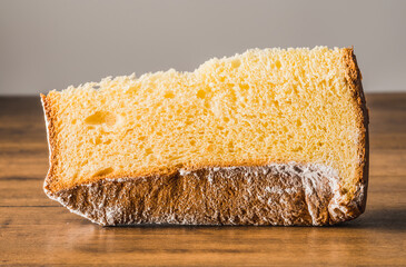 Pandoro slice typical Italian Christmas sweet bread background.