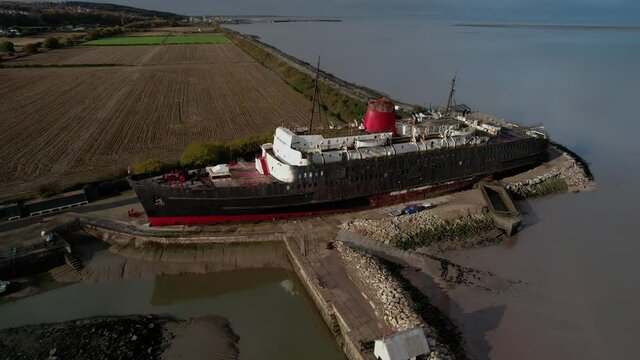 Flypast of the TSS Duke of Lancaster also known as The Fun Ship, a failed tourist attraction in North Wales.