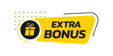 Extra bonus label, sticker or tag with gift box icon. Sale and promotion design element with free prize. Vector illustration.