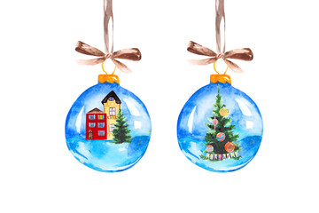 A collection of Christmas glass balls with a Christmas tree and houses on a white background. Watercolor bright set for decoration and design of postcards.
