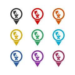 Map pointer with barbecue icon isolated on white background, color set