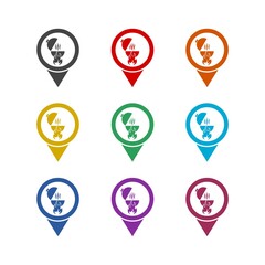 Map pointer with barbecue icon isolated on white background, color set