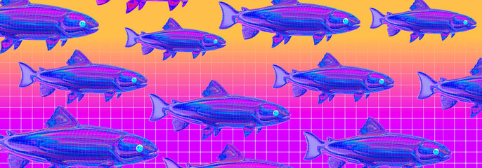 Minimalistic stylized 3d wallpaper. Stylish fashion .holography vaporwave fish background