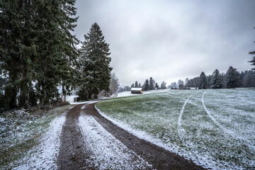 landscape in the Allgau Alps in early winter with first snow falling, Allgau Alps, Germany, Bavaria