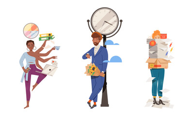 Multitasking, deadline at work and busy lifestyle. Overworked business people characters set vector illustration