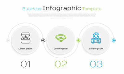 Set line Diamond engagement ring in box, and Gem stone. Business infographic template. Vector