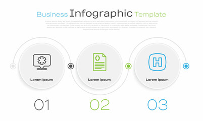 Set line Location hospital, Patient record and Hospital signboard. Business infographic template. Vector